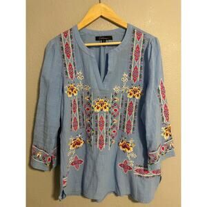 Calessa Shirt Womens Small Blue Embroidered Boho Peasant Tunic Top 3/4 Sleeve
